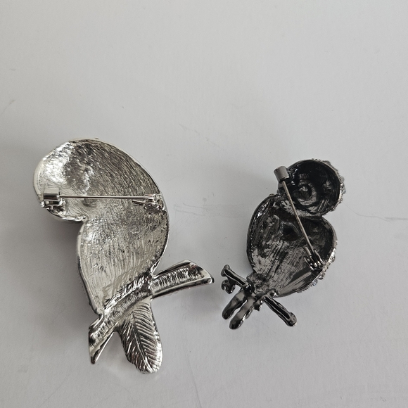 Aurora Borealis Rhinestone Owl Silvertone Brooches AB, Lot Of 2 Unmarked - Picture 4 of 7